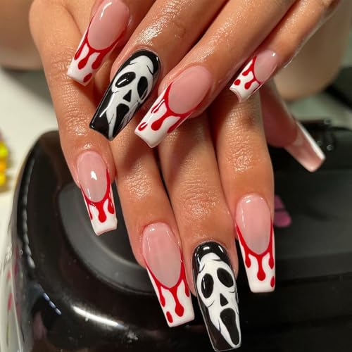 Halloween Nails with Blood Drop & Ghost Designs - Long Coffin Fake Nails - Variation 11