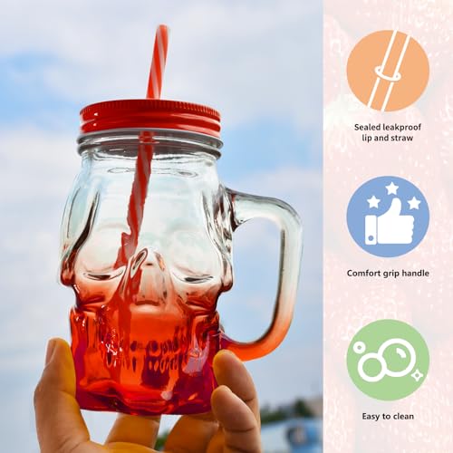 Skull Mason Jar with Handle - 16 Oz Glass Beer Mug Halloween Drinkware - Red / 1