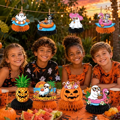 Summerween Halloween Honeycomb Centerpieces - 12 Pack, Pumpkin Ghost Skull Decor