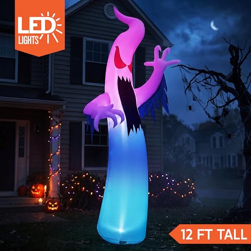 12 Ft Tall Halloween Inflatable Ghost Decor - Blue LED Lights, Outdoor Yard Decoration