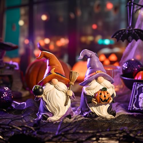 Large Halloween Gnome Decor Set - 2 Resin Figurines with Witch Hat & Broom, Indoor & Outdoor - Valery Madelyn