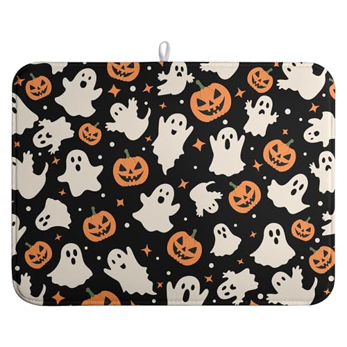 Halloween Dish Drying Mat Ghost Pumpkin 18x24 Inch Absorbent Microfiber Reversible