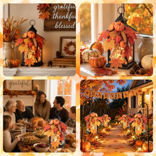 Fall Lanterns Decorative Indoor & Outdoor 14-Inch Black Set with Flameless Candles - 2 Pack