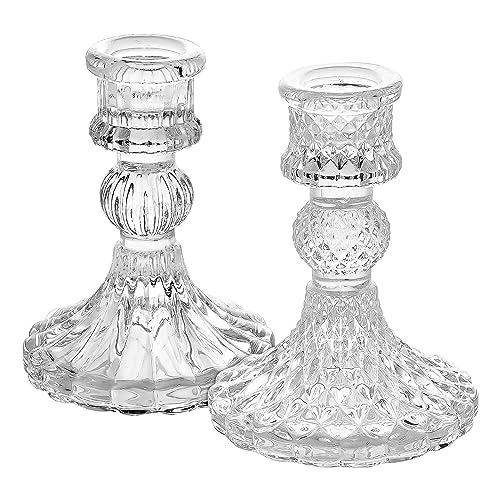 Clear Glass Candle Holders Set of 2 - Taper & Stripe Styles for Weddings & Events
