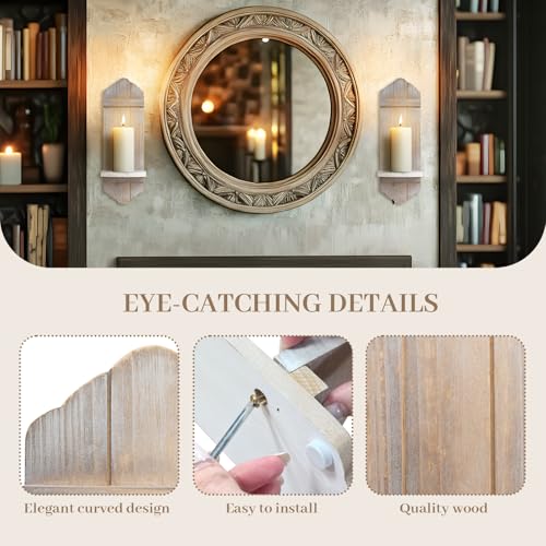 Wall Candle Sconces Set of Two - Rustic Wooden Candle Holders, Farmhouse Decor, Wash Brown