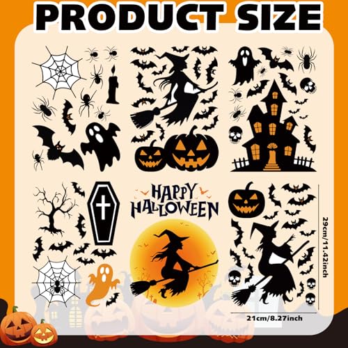 Halloween Witch Wall Sticker Decals - 6 Sheets, Spooky Ghost Bat Pumpkin
