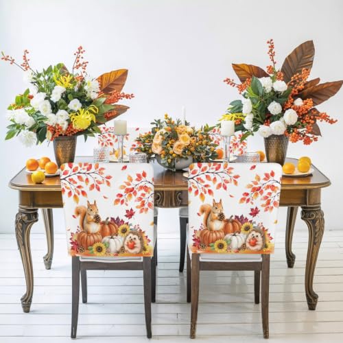Fall Chair Back Covers Set - 4pcs Autumn Thanksgiving Slipcovers in White & Orange