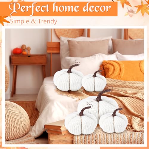 White Crochet Pumpkin Decor Set - 6 Large 6-Inch Fall Halloween Thanksgiving
