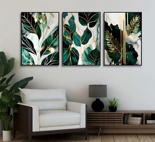 Green and Gold Abstract Wall Art Set - 16x24 Inch Emerald Canvas Prints for Living Room & Bedroom - Unframed