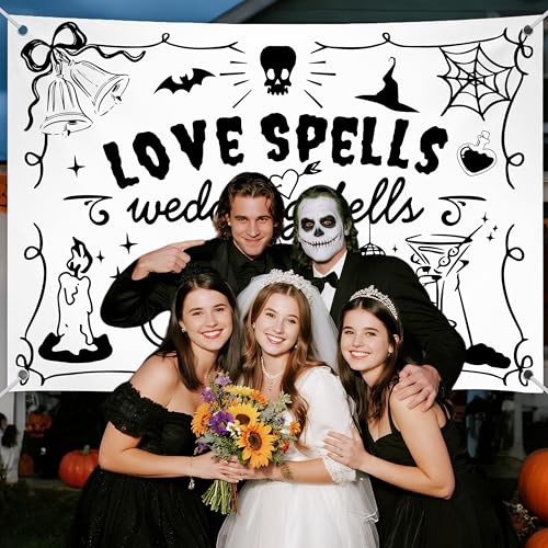 Wedding & Halloween Backdrop - Love Spells & Wedding Bells Decoration - 7x5ft Polyester