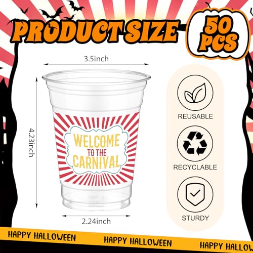 50 Pack 12oz Carnival Circus Plastic Cups Disposable Party Drinkware