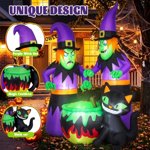 Halloween Inflatable Outdoor Decoration with 2 Witches and Black Cat - 6FT Lighted Yard Decor