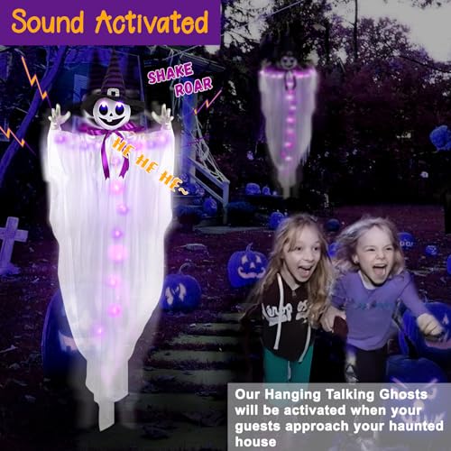 55-Inch Halloween Hanging Ghost with Witch Hat & LED Lights - Animated Spooky Decor