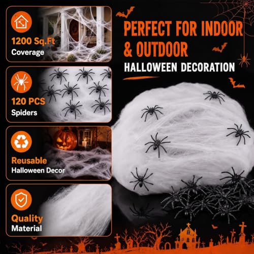 1200 Sqft Stretchy Halloween Spider Web Decoration Set with 120 Fake Spiders