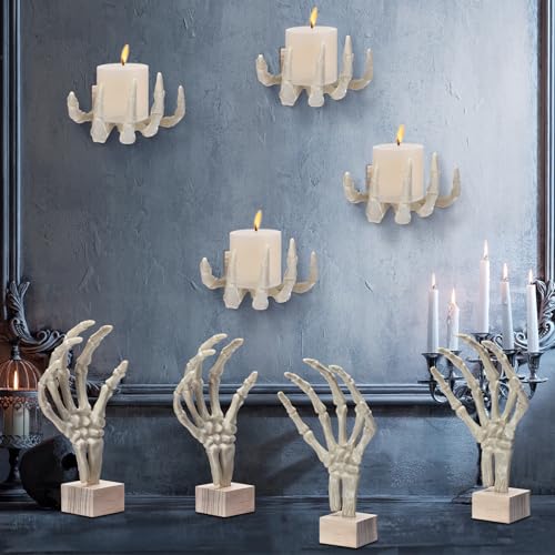 Halloween Skeleton Hand Decor Set with Wooden Bases - Wall Mountable, Realistic Size