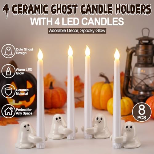 Halloween Ghost Candle Holders Set with LED Taper Candles – Cozy Ghost Hug Design