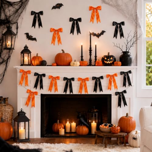 Halloween Bow Garland Banner with Black & Orange Satin Bows - 2 Strands, 16 Large Movable Bows, 13ft Decor