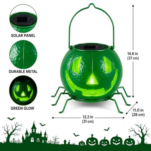Solar Pumpkin Decor Light - Green Flickering Jack O Lantern with Spider Legs - D-Green Pumpkin Variation