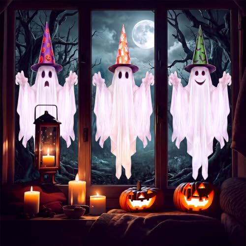 Halloween Ghost Window Clings Set - Large PVC Decals with Witch Hats, Bats & Pumpkins