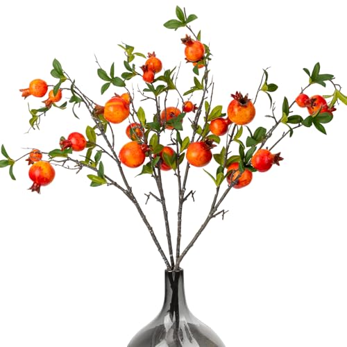 31.5in Faux Pomegranate Flower Stems - 4 Pieces Red Berry Decor for Vase & Holiday Arrangements