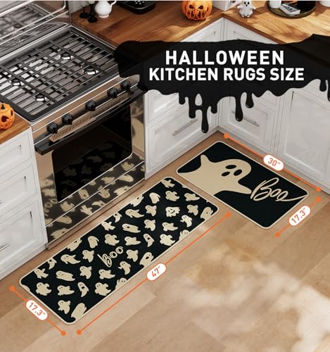 Halloween Kitchen Mat Set of 2 - Ghost & BOO Design, Black Variation