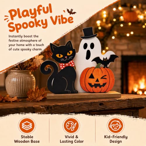 Halloween Wooden Tabletop Decor - Top Hat Ghost, Black Cat, Pumpkin & Bat