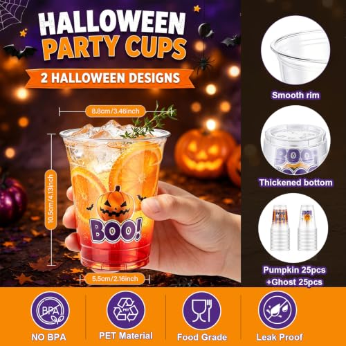 Halloween Disposable Plastic Cups 50 Count - Clear 12 OZ Party Drinkware - Pumpkin & Ghost Designs