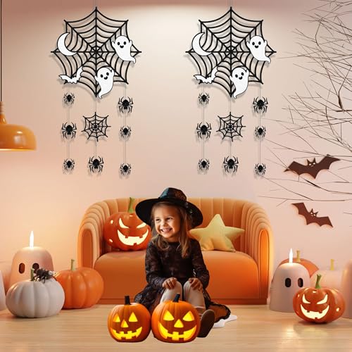 Halloween Hanging Decorations Set - Spider Web Ghost Bat Welcome Sign - Spider Web Variation