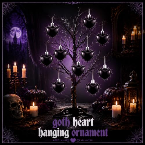 Gothic Heart Hanging Ornaments Set - Black Spiked Halloween & Holiday Decor, 18 Pack