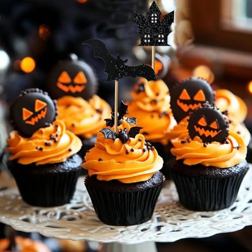 Halloween Cupcake Toppers 36Pcs Spooky Party Decor Bat Skull Ghost Owl
