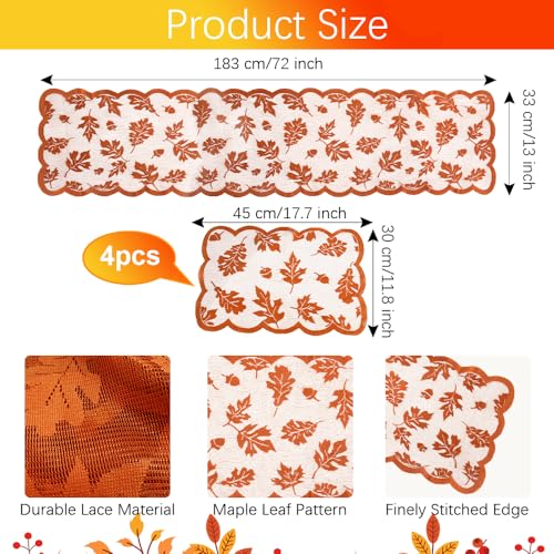 Thanksgiving Fall Table Runner with 4 Placemats - Lace Autumn Decor 72 Inch D
