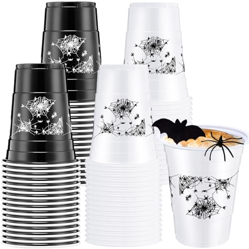 Potchen Halloween Party Disposable Plastic Cups 16oz Black & White Spider Variation of 60 Pcs