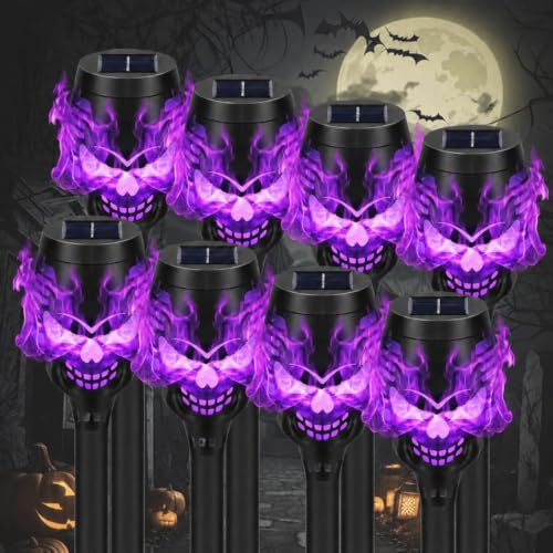 Purple Skull Solar Torch Lights 8 Pack Outdoor Halloween Decor - Flickering Flame