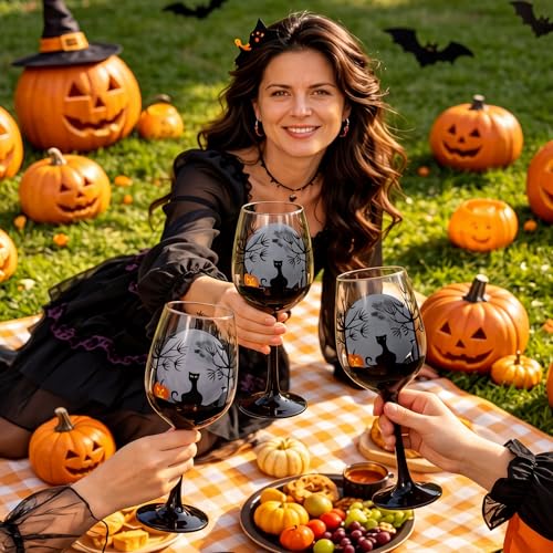 Halloween Black Cat Moon Pumpkin Grave Stone Wine Glass Set - 2 Pcs