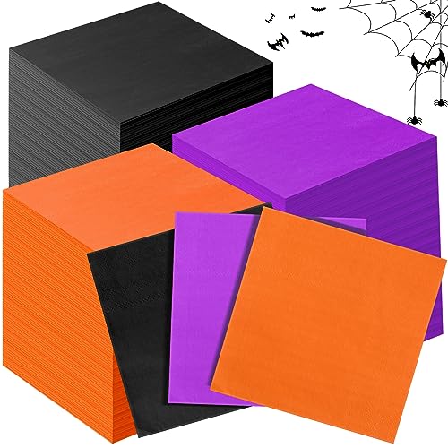Halloween Cocktail Napkins Set 300 Pack - Purple, Orange & Black Paper Party Towels