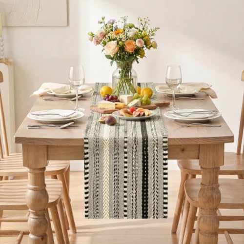Farmhouse Style Black Stripe Braided Table Runner 12x36 Inch - Cotton & Polyester