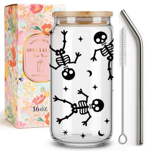 Halloween Skeleton Glass Cup with Lid & Straw - 16 Oz Fall Gift - Variation of clean-10