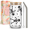 Halloween Skeleton Glass Cup with Lid & Straw - 16 Oz Fall Gift - Variation of clean-10
