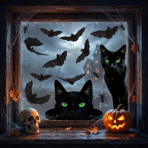 Halloween Window Clings - Large Black Cat, Bat & Spider Silhouette Decals