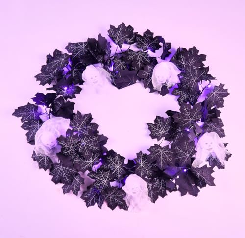 Halloween Black Maple Garland with Purple LED Lights Skeleton & Skull - Veiled Ghost Cobweb Maple