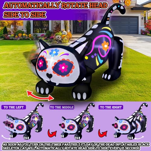 5 Ft Day of The Dead Skeleton Cat Inflatable Halloween Decor with Lights