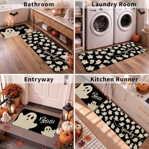 Halloween Kitchen Mat Set of 2 - Ghost Boo Black Halloween Rugs with Variation