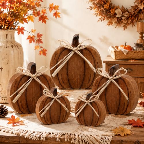 Gerrii 5-Piece Rustic Wooden Fall Pumpkin Decor Set - Classic Style