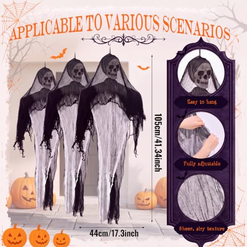 Halloween Ghost Decorations Set - 3 Hanging Grim Skeleton Ghosts Outdoor Indoor