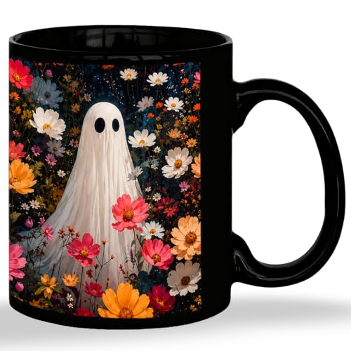 Dark Wildflower Ghost Halloween Mug - Holiday 02, 11oz Ceramic Coffee Cup