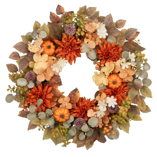 Orange Fall Wreath with Pumpkins Dahlias Berries & Eucalyptus Leaves - 24 Inch Autumn Decor