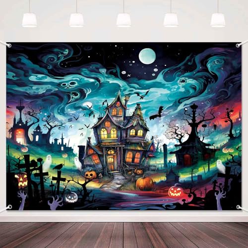 Halloween Backdrop 8x6ft Haunted Graveyard Photo Background for Kids - Black & Colorful