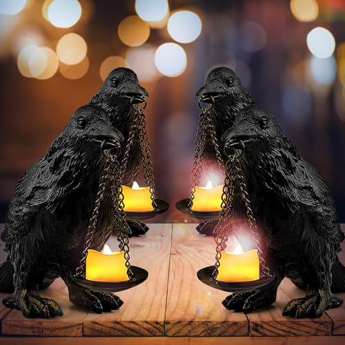 Black Raven Candle Holder Set - Gothic Halloween Decor Tealight Stand - 4PCS