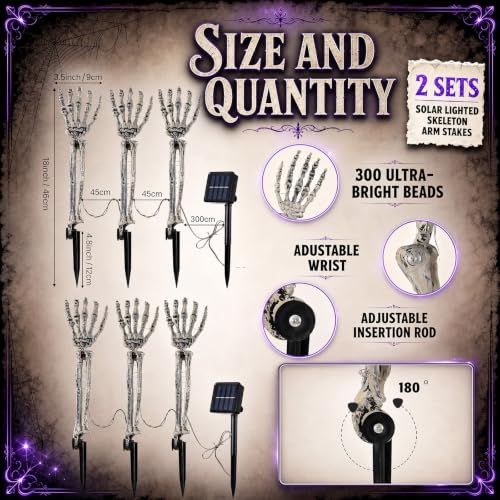 Halloween Skeleton Arm Stakes with LED Lights - Purple & Green, 36x27.5cm