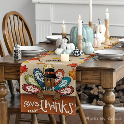 Turkey Give Thanks Thanksgiving Table Runner 13x72 Inch Fall Autumn Kitchen Decor Brown